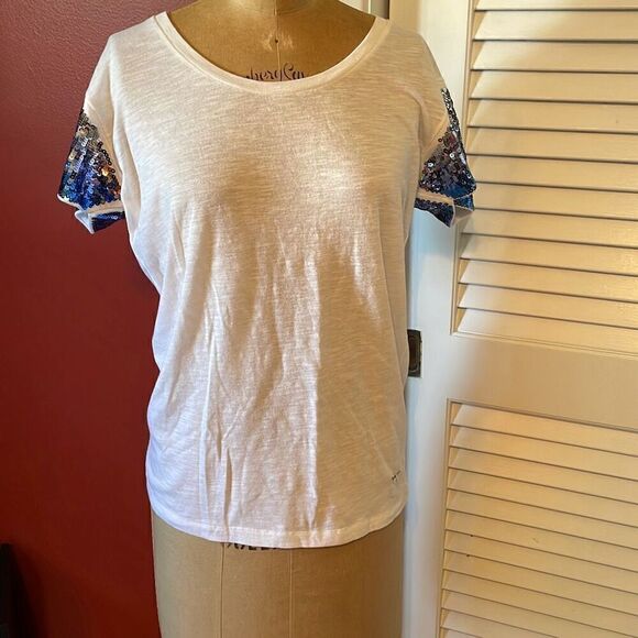 VS PINK | semi sheer white t with sequin short sleeves S - Picture 1 of 7
